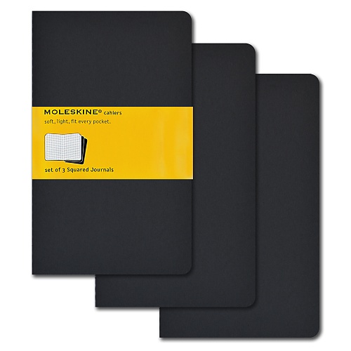 Zestaw 3 zeszytów Moleskine Cahier L duże (13x21 cm) w Kratkę Czarne Miękka oprawa (Moleskine Cahiers Set of 3 Squared Journals Black Soft Cover) - 9788883704963